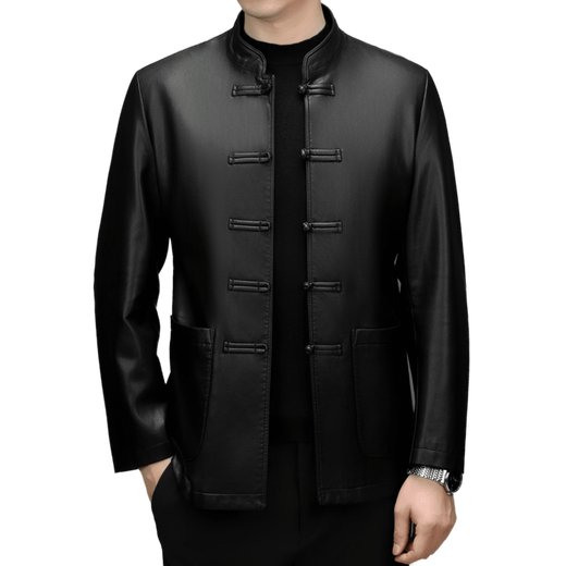 JEEP SPIRIT Spring and Autumn Haining Genuine Leather Jacket Men's First Layer Cowhide Tang Suit Chinese Style Jacket Stand Collar Chinese Style Leather Jacket Thin Black M 170