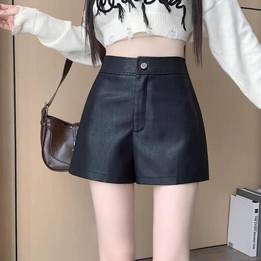 New style small leather shorts for women in autumn and winter, new black American shorts, versatile high-waisted, A-line European goods, black L (recommended 105-110 Jin Jin equals 0.5 kg)