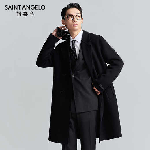 Angel Bird Coat Men's 100% Wool Autumn and Winter Casual Long Double-sided Wool Coat Slightly Wide Loose Fashion Jacket Obsidian Black 2XL -52(185/104)