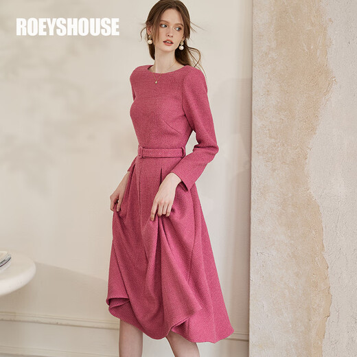ROEYSHOUSE Luo Yi Elegant Strappy Tweed Dress 2025 Autumn Temperament Swing Skirt 09607 Rose Red M