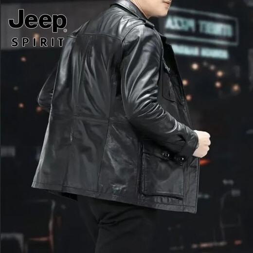 JEEP SPIRIT Heavy Industry Quality Motorcycle Leather Jacket Leather Jacket Slim Hunting Short Lapel Multi-Pocket Autumn and Winter New Men's Clothing Black M 90-110Jin Jin is equal to 0.5 kg