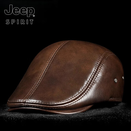 JEEP SPIRIT hat men's autumn and winter fashion genuine leather warm peaked cap middle-aged and elderly ear protection cowhide cotton hat beret forward cap first layer cowhide yellow brown with thick ear protection M XXL (60-61c)