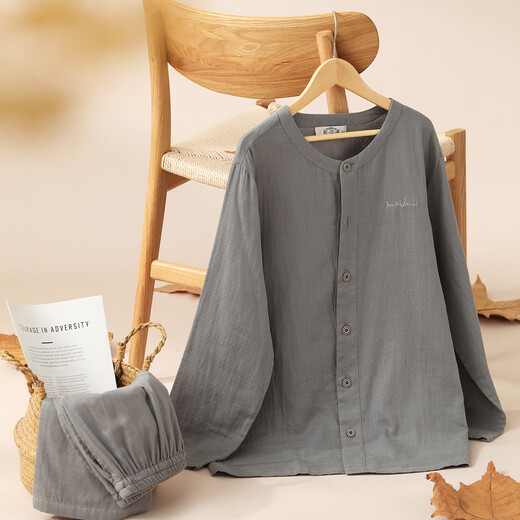 American Standard spring and autumn new long-sleeved couples pure cotton pajamas set women's cotton can be worn outside double-layer cotton gauze home clothes winter men's gray (double-layer cotton gauze) 2XL