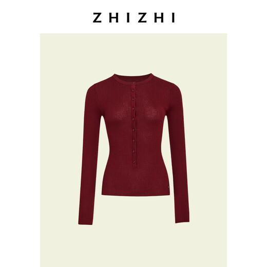 ZHIZHI New Water Order Versatile Wool Henley Collar Retro Slim Knitted Top 25 Winter New Style Cherry Red Paint Color S