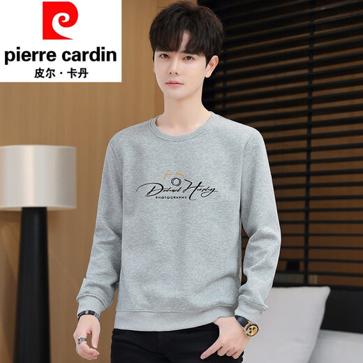 Pierre Cardin trendy brand autumn new sweatshirt men's 2025 trendy long-sleeved loose thickened bottoming shirt men's fleece clothes dark gray M (suitable for 95-115Jin Jin equals 0.5 kg)
