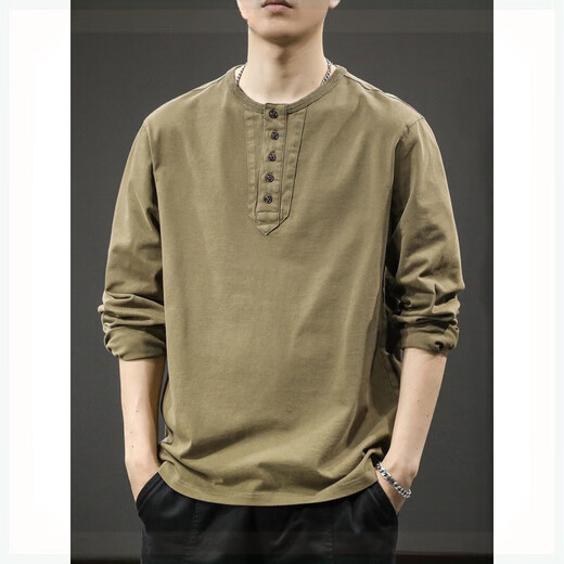 2025 new men's spring trendy brand retro Henry collar long-sleeved T-shirt casual sweatshirt new Chinese style thin bottoming shirt charcoal gray 2XL suitable weight 160-180Jin Jin equals 0.5 kg