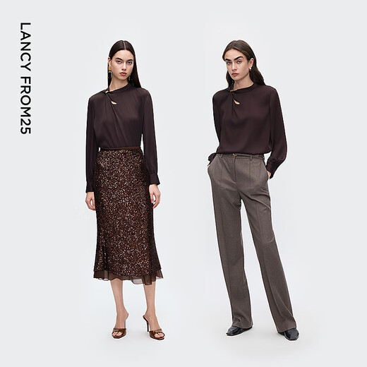 Langzi Pinch-pleat Hollow Design Shirt Fashionable Drape Commuting Metal Button Shirt 2025 Winter New Style Chocolate Color 2 L