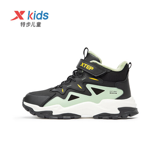 Xtep Children's Shoes Boys' Warm Anti-Slip Cotton Shoes Winter Mink Velvet Velcro Sneakers Black/Gray Grass Green 37