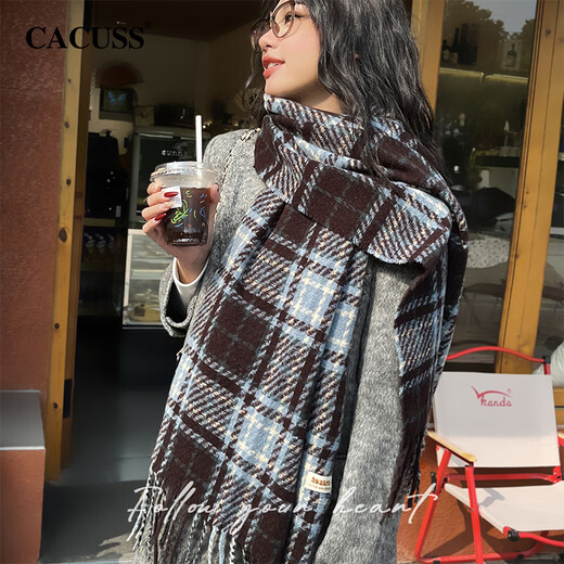 CACUSS Scarf Women's Autumn and Winter Warm Scarf Outdoor Cold-proof Shawl Women's Tassel Design Birthday Gift Blue Brown Check