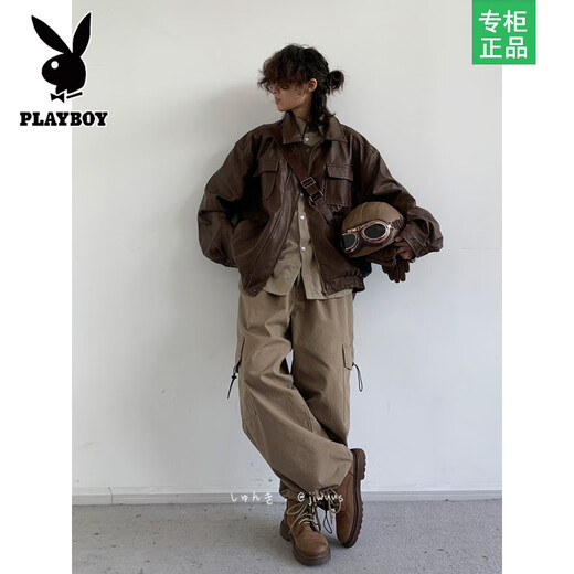 Playboy jacket men's spring style retro handsome PU motorcycle leather jacket male and female students Maillard neutral brown leather jacket black 45% PU55% viscose XL