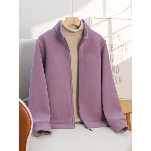 2025 middle-aged and elderly women's polar fleece jacket for spring and autumn warm fleece mother's wear sweatshirt stand-up collar cardigan jacket purple 2XL (recommended 105-120Jin Jin equals 0.5 kg)