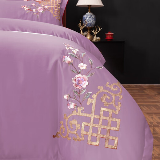 New wedding four-piece set 100s long staple cotton bright red wedding embroidery quilt set wedding room four-piece set dark fragrance purple bean paste 1.8m bed sheet style four-piece set