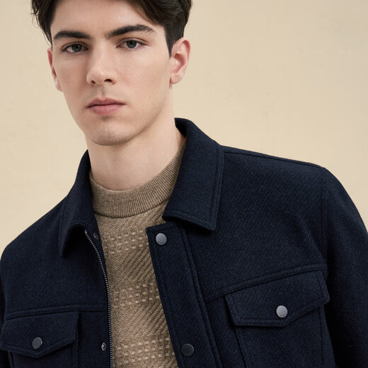 EMZ Ordos pure wool autumn and winter new men's fashion casual zipper lapel woolen jacket blue black XL 180/100A