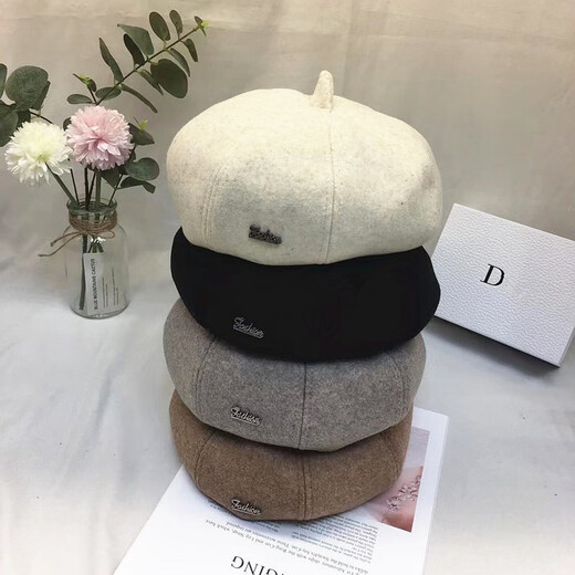 Wine Style Senior 2025 Autumn and Winter Hat Women's Korean Colored Wool Letter Beret Japanese Artistic Artist Hat Fashionable Beanie Hat Off-White M (56-58cm)