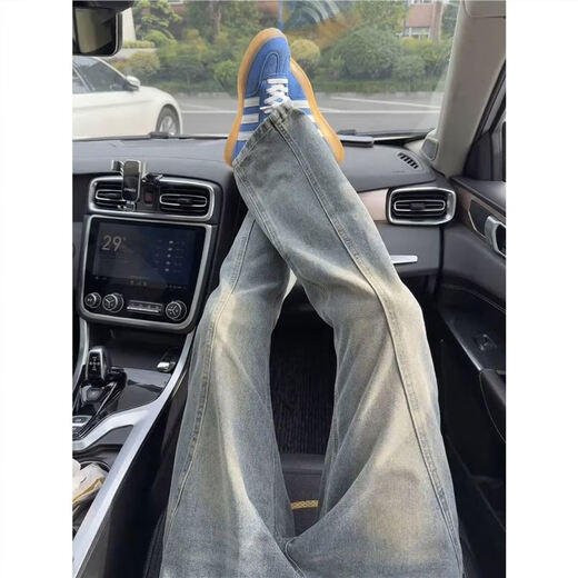 Jufeng retro blue bias-cut bootcut jeans for men, American high street vibe pants that show leg length, slim fit, straight pants, nostalgic blue L (suitable for 115-130 Jin Jin equals 0.5 kg)