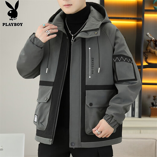 Playboy (PLAYBOY) jacket men's work jacket men's autumn and winter hooded high-end men's sports casual charge handsome clothes
