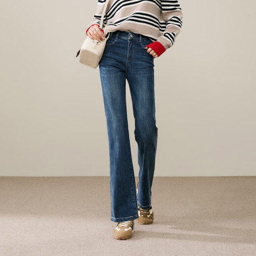 ESE-Y micro-flare jeans women's nine-point 2025 winter new velvet warm and slimming pants denim blue 26