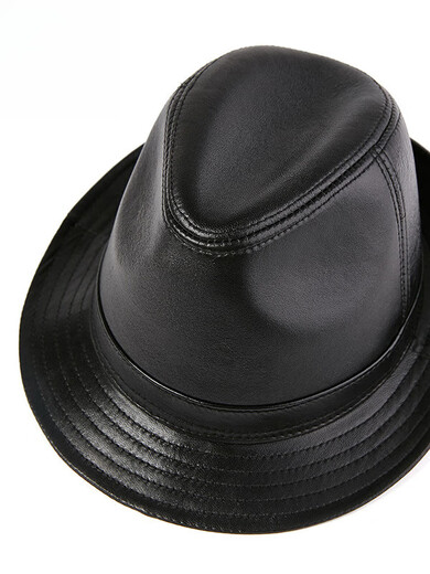 What a cool leather hat for men, spring and autumn casual leather hats, middle-aged and elderly British sheepskin Panama hats, trendy felt hats, black L (55-56cm)