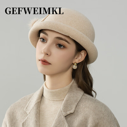 GEFWEIMKL Merino Wool Bucket Hat Women's Autumn and Winter New French Furry Bow Fashion Elegant Top Hat Women Black Adjustable (56-58cm)