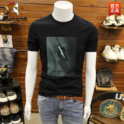 啄木鸟（TUCANO）t恤男士2025夏季新款短袖T恤男修身个性刺绣烫钻欧货丝光棉体恤男 724闪电R黑色 6XL