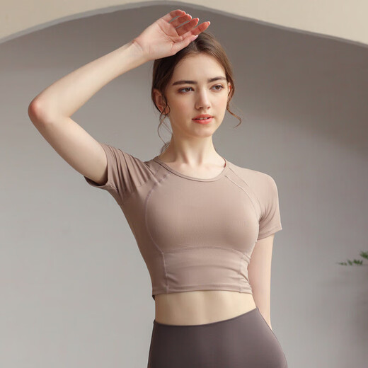 Sports tops for women, short-sleeved T-shirts, quick-drying running tights, slimming trousers, yoga wear, Pilates fitness wear suits, Khaki L