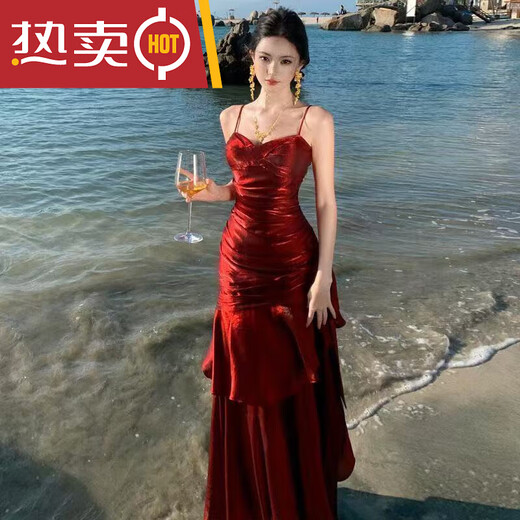 Shantou Lincun red ruffled fishing skirt mermaid ruffled high-end suspender dress birthday cocktail dress long skirt red streamer dress S 80-95Jin Jin is equal to 0.5 kg