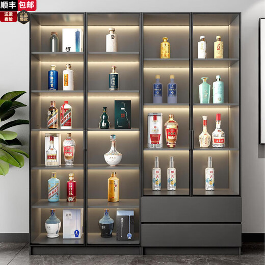 Layout like simple wine cabinet living room glass multi-function storage cabinet against the wall one-piece home light luxury high-end storage rack storage cabinet 120*32*200 double door glass + double drawer