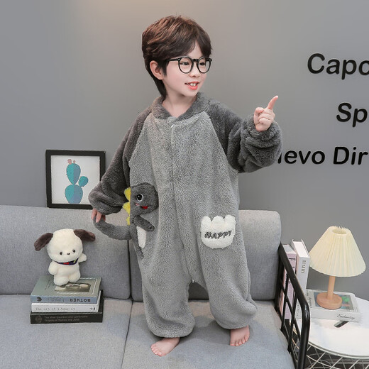 Disney children's one-piece pajamas autumn and winter flannel plus velvet thickened baby sleeping bag boys winter coral velvet home clothes gray 130 cm