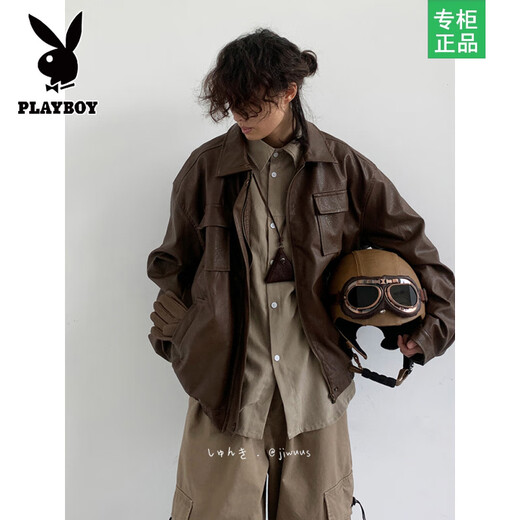 Playboy jacket men's spring style retro handsome PU motorcycle leather jacket male and female students Maillard neutral brown leather jacket black 45% PU55% viscose XL