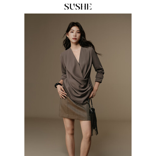 SUSHE Lanting Gaozhi Japanese luxury style gold silk collarless wide suit jacket high waist skirt suit wetland khaki skirt (comes with belt) L