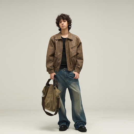 Weilang's shop American brown distressed leather jacket men's trendy brand handsome retro Maillard cotton jacket couple New Year Brown L