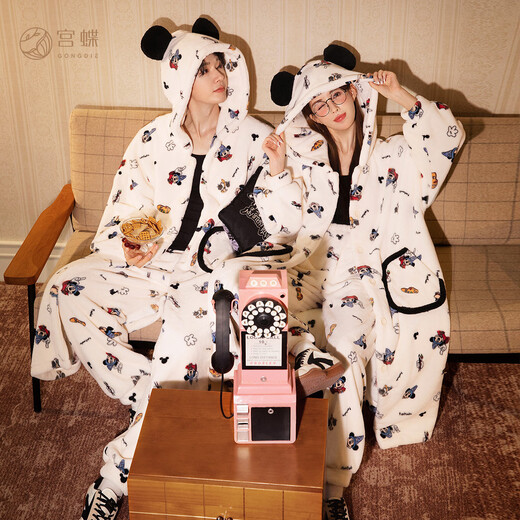 Gongdie Thermal Storage Disney Mickey Couple Pajamas for Women Winter Anti-static Flannel Pajamas Set for Men