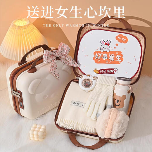 Crystal Scarf Women's Autumn and Winter 2025 New Gift Box Warm Women's Birthday New Year Gift for Girls Annual Party Gift Six-piece Bear Set Scarf + Hat + Gloves + Hand Warmer + Thermos Cup + Earmuffs