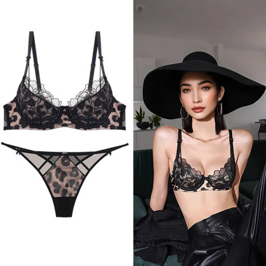 Victoria Palace Sexy Underwear Leopard Print Lace Breathable Embroidered Bra Comfortable Thin Cotton Push Up Bra Low Waist Panties Set Leopard Print Thong Set 80B /36