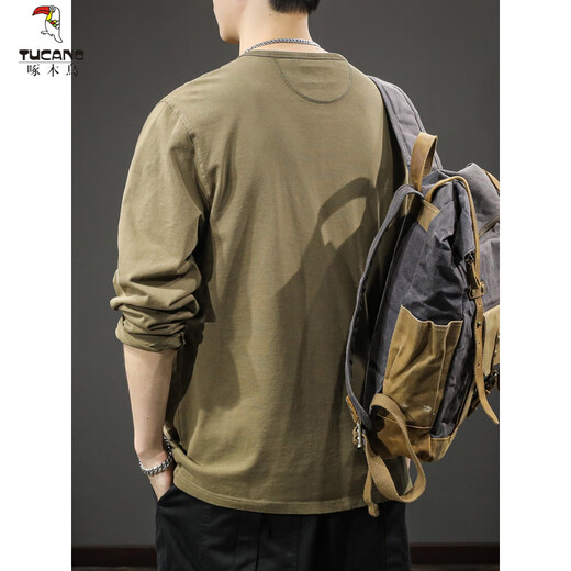 Woodpecker (TUCANO) American trendy retro Henry collar long-sleeved T-shirt men's spring and autumn new spring loose casual sweatshirt bottoming shirt ins gray M