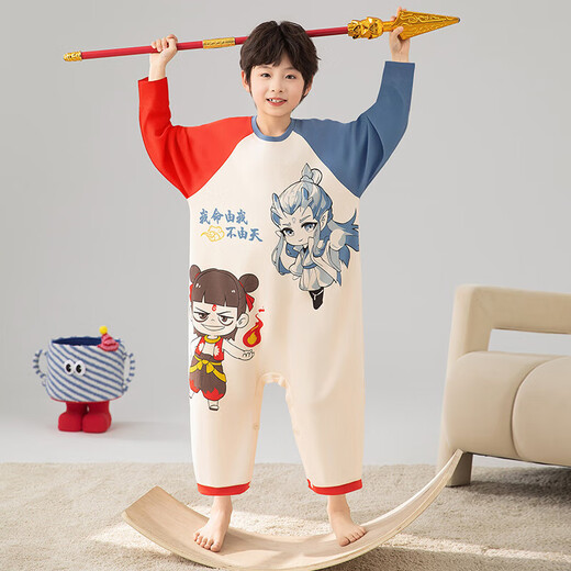 Ao Bing children's one-piece pajamas for boys spring and autumn long-sleeved pure cotton youth anti-kick sleeping bag air-conditioned outer wear home clothes M201 Nezha Ao Bing 100% cotton one size fits all size 8 recommended height 95-105CM