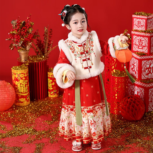 Anneyol Hanfu girls' costumes children's horse-faced skirts festive New Year's clothing winter baby girl's New Year's clothing red 120