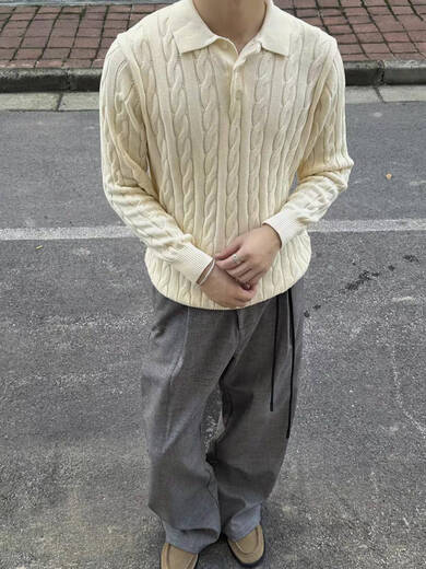 Yingtang American retro cable Polo lapel sweater for men in autumn old money style cleanfit henley collar sweater white upgraded style L (suitable) 115-130 Jin Jin equals 0.5 kg one size