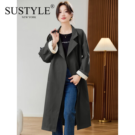 SUSTYLE luxury high-end brand women's high-end windbreaker 2025 autumn long loose casual age-reducing waist fashion coat black M