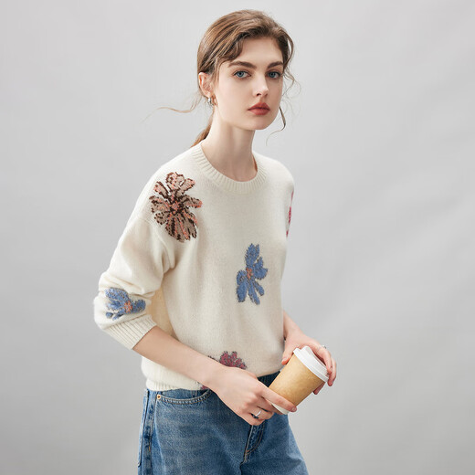 Komenboka 2025 autumn and winter new round neck floral cashmere sweater women's loose knitted sweater thickened bottoming sweater Cloud White M
