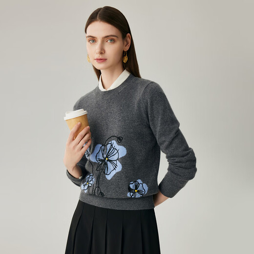 Zhaojun 2025 Autumn and Winter New Round Neck Intarsia Cashmere Sweater Women's Fashion Embroidered Sweater Artistic Bottoming Sweater Graphite Gray XL