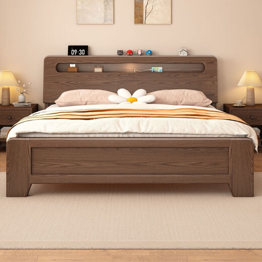 Yunshuyao free package installation solid wood bed modern minimalist master bedroom double bed 1.8m household rubber wood single bed walnut color rubber wood single bed upgraded 2cm paulownia wood board 1.5m*2.0m