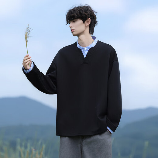 Dingfengbaoluo sweatshirt men's spring American casual fake two-piece loose retro shirt collar top DP02 ultimate black 3XL