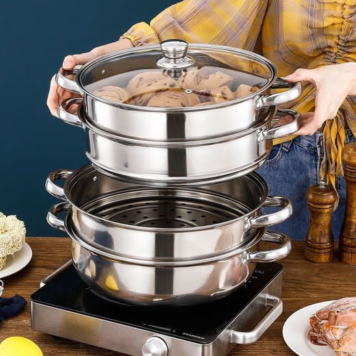 Hua Muxi thickened stainless steel steamer steamed buns soup pot hot pot two-layer three-layer multi-layer steamer induction cooker gas stove pot extra thick and deepened 34cm three-layer 1 pot + 2 steamers free steaming cloth scouring pad