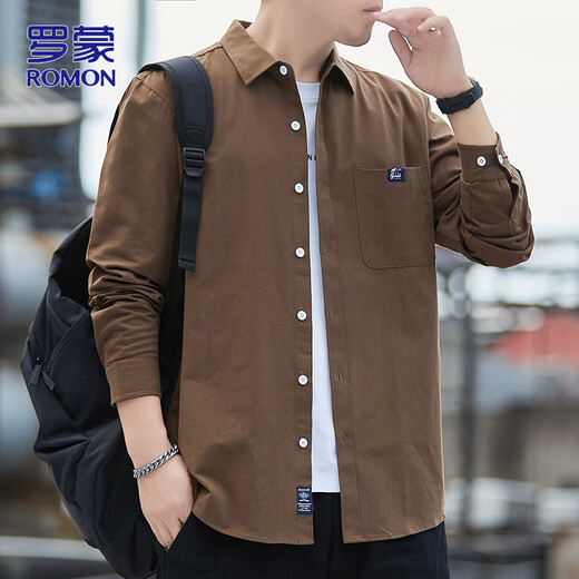 ROMON pure cotton long-sleeved shirt men's autumn and winter loose iron-free shirt men's casual workwear jacket top men's clothing