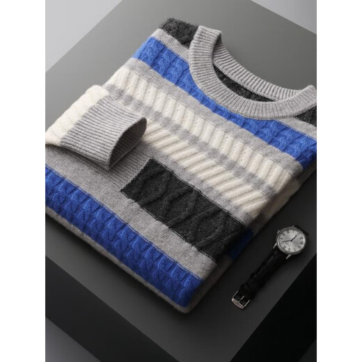 鄂尔多斯市产秋冬新款羊毛衫男士套头加厚毛衣加厚大码针织打底拼 本米棕 XL