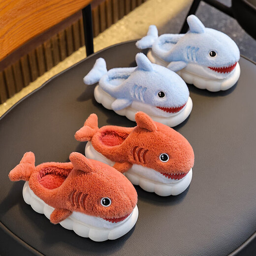 Winter children's cotton slippers, boy's shark bag heel, warm and furry, cute girl's home baby anti-slip cotton slippers, sky blue (heel included) 12, size 28/29 (shoe inner length 17CM, suitable for feet 16