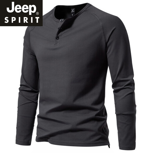 JEEP SPIRIT autumn men's pure cotton Henry collar long-sleeved T-shirt youth European and American simple elastic slim solid color versatile bottoming shirt dark gray XL