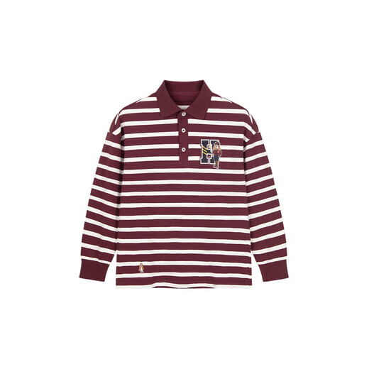 Hush Puppies children's clothing for children, men and women, autumn new versatile casual striped long-sleeved POLO shirt, Bordeaux red 170 cm