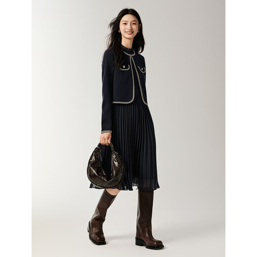 JUZUI(JUZUI) Elegant Quiet Luxury Style Needle and Shuttle Matching Knitted Dress for Women 2025 Winter New Style JTFD31401 Zhang Qing L